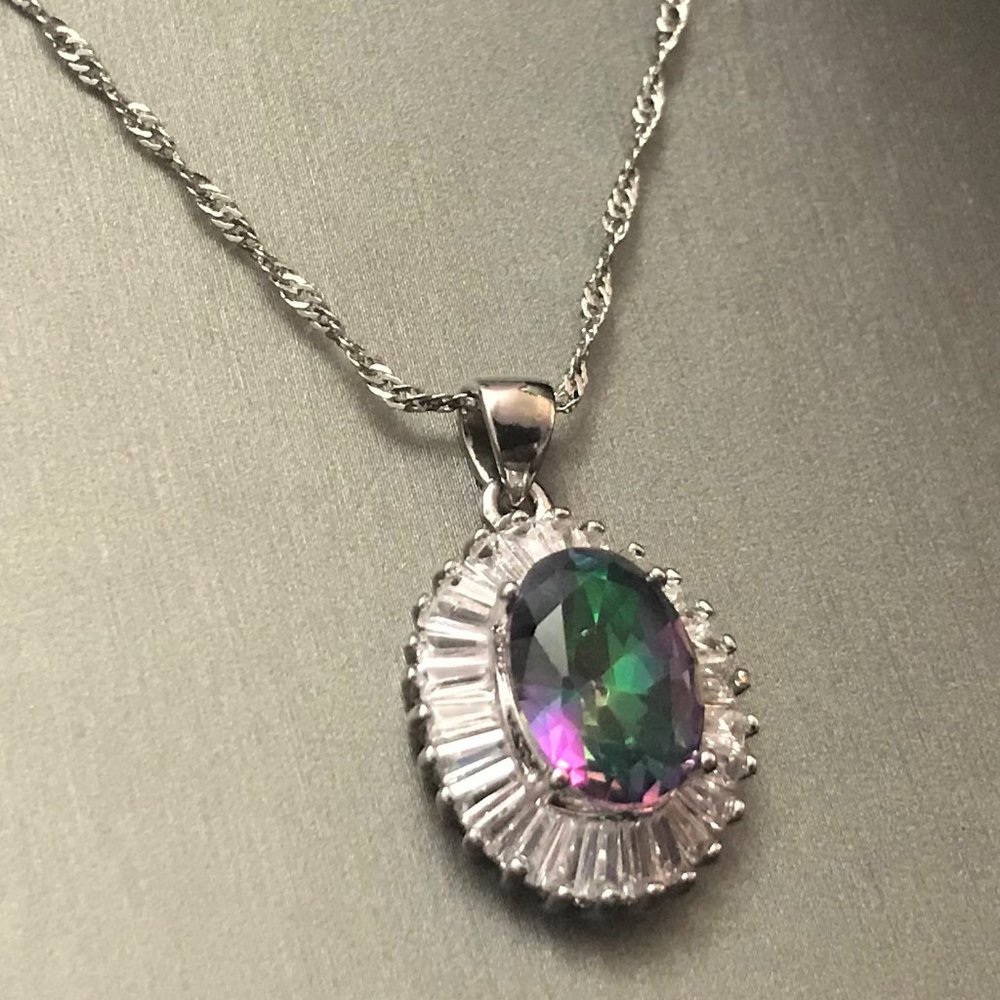 Rainbow Silver Gemstone Necklace Pendant